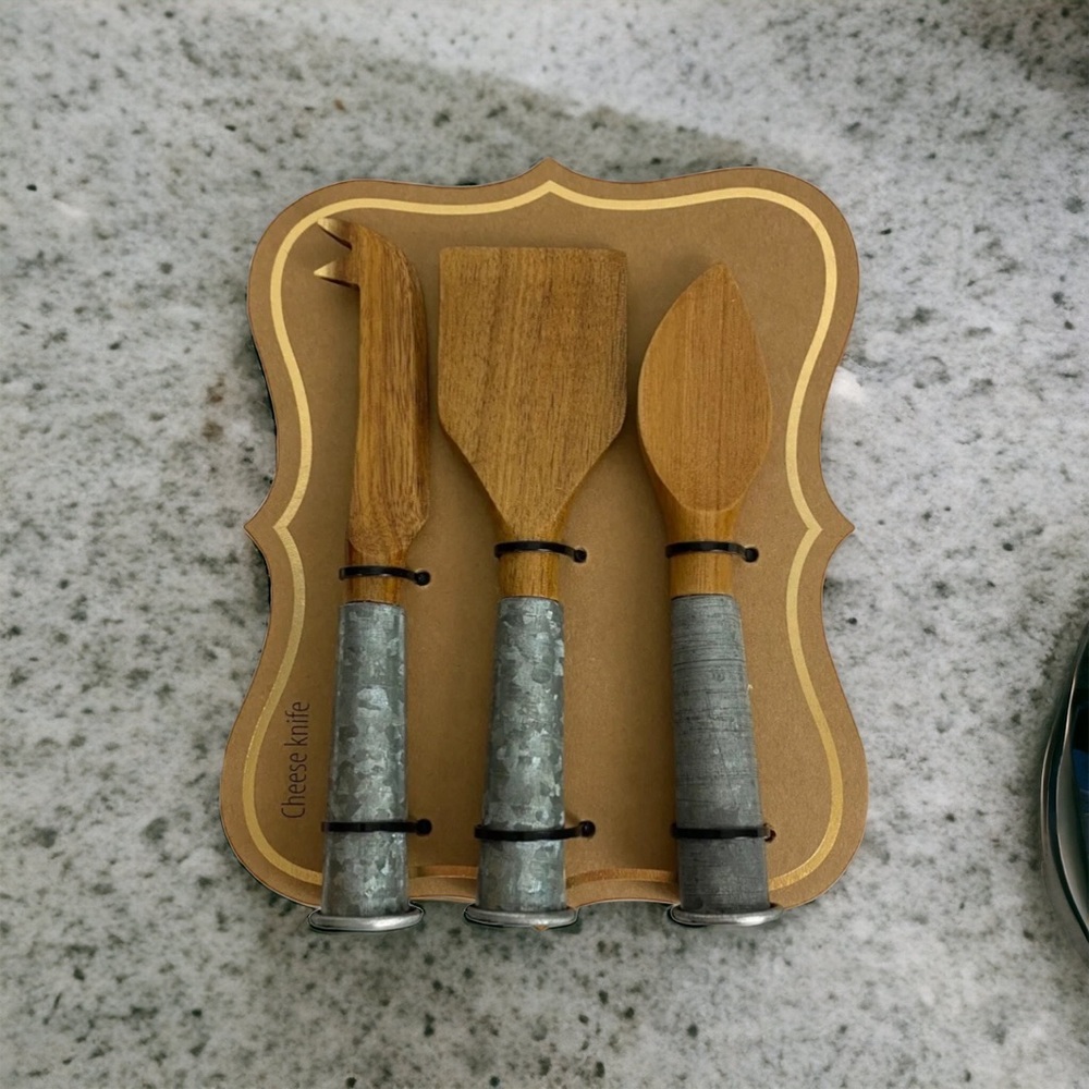 Cheese Knife Set of 3 Wood Galvanized Metal Farmhouse By Homestead Living NEW